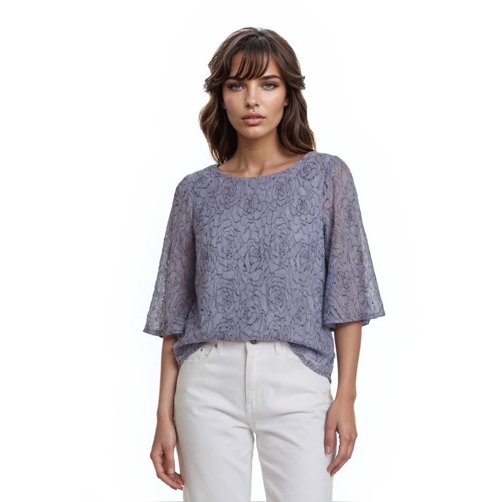New Alex Evenings Blouse Women's Large Lavender Metallic Floral Bell Sleeve $139
